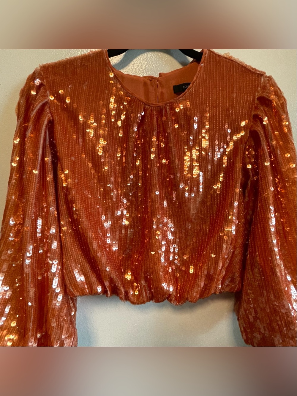 J. Crew Orange Sequin Puff-Sleeve Crop Top